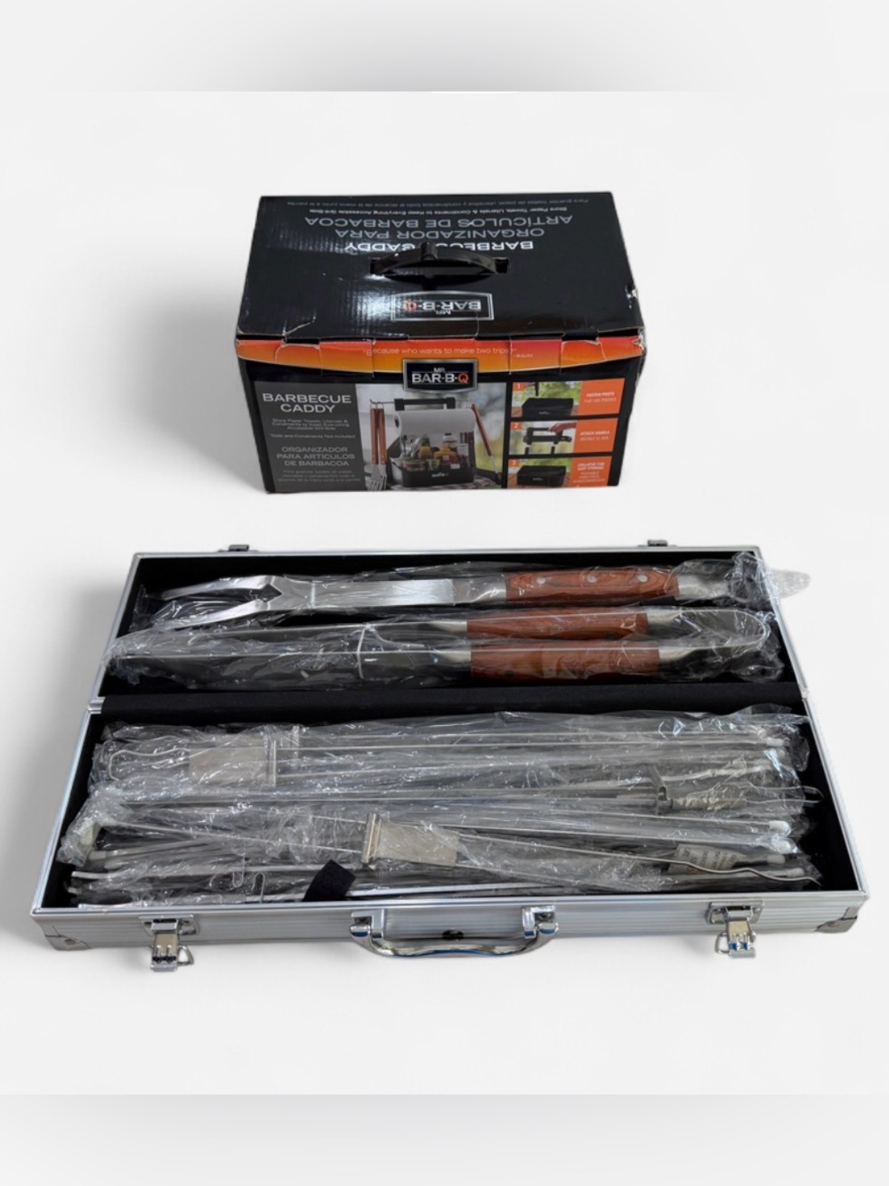 Stainless Steel Barbecue Tool Set and BBQ Caddy.